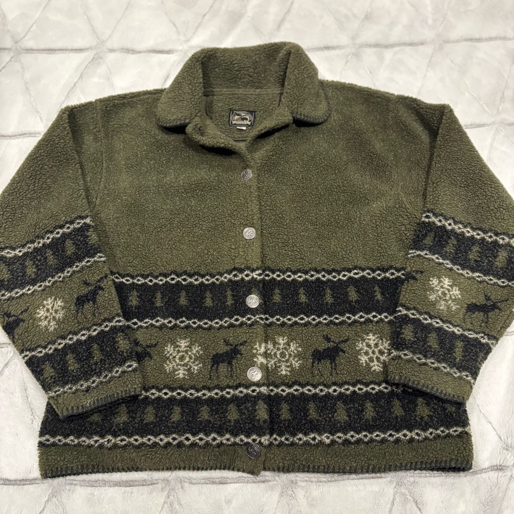 Alps Fleece Moose Button Up Sweater Sz L Fluffy Cozy Green Black